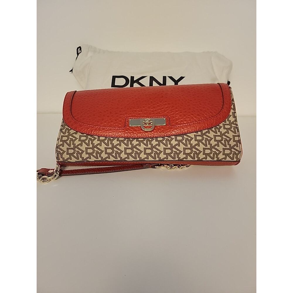 DKNY Beekman Signature Chino Canvas and Orange Leather Flap Shoulder Bag